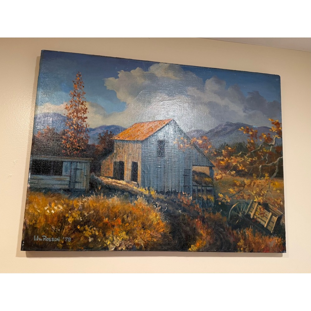 Vintage Wm Rosson 1978 Original Oil Painting Barn Landscape Mountain Scene 24x18